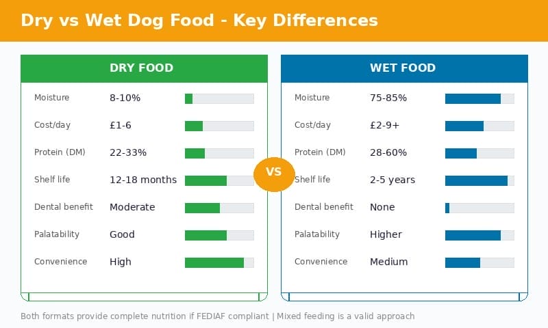 Side-by-side comparison infographic of dry and wet dog food covering moisture, cost, protein, shelf life, dental benefits, palatability, and convenience