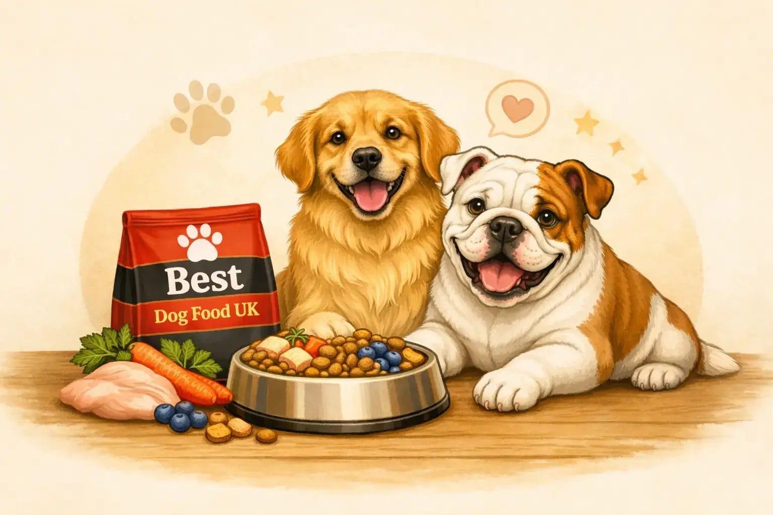 Golden retriever and bulldog eating the best dog food UK has to offer